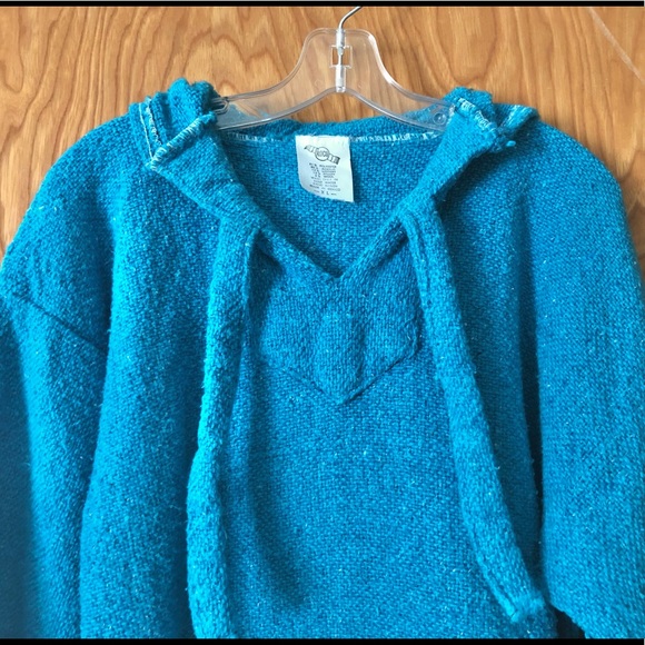 Baja style poncho hoodie with pouch pocket, turquoise, XL - Picture 2 of 9